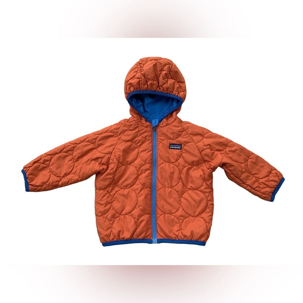 Patagonia Size 12-18 Months Orange Blue Reversible Puff Ball Hooded Jacket